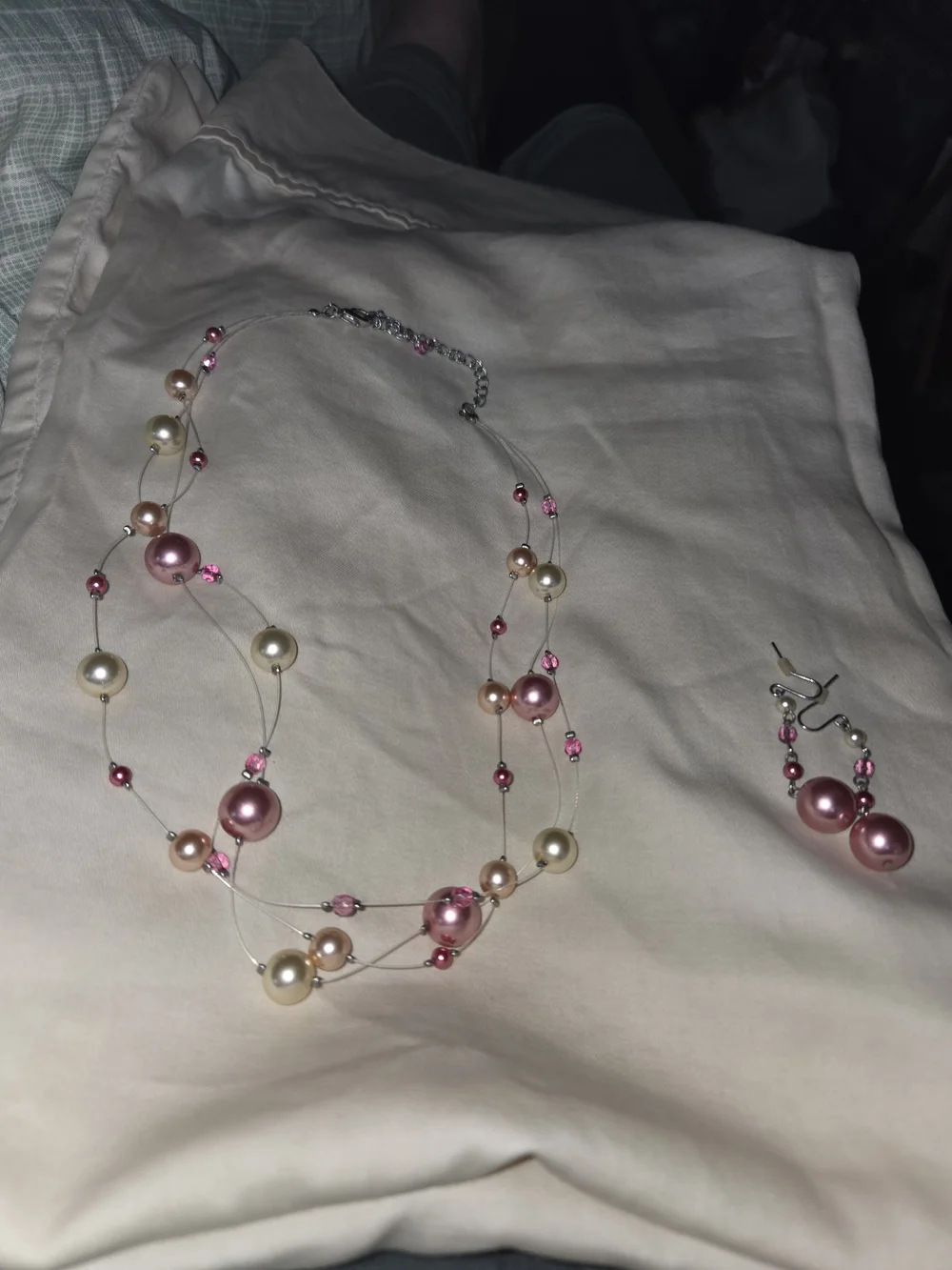Pink and Cream Multi-Strand Faux Pearl Necklace with Earrings
